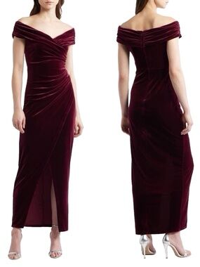 NEW VINCE CAMUTO Off The Shoulder BURGUNDY Velvet RUCHED Holiday SHEATH GOWN 4